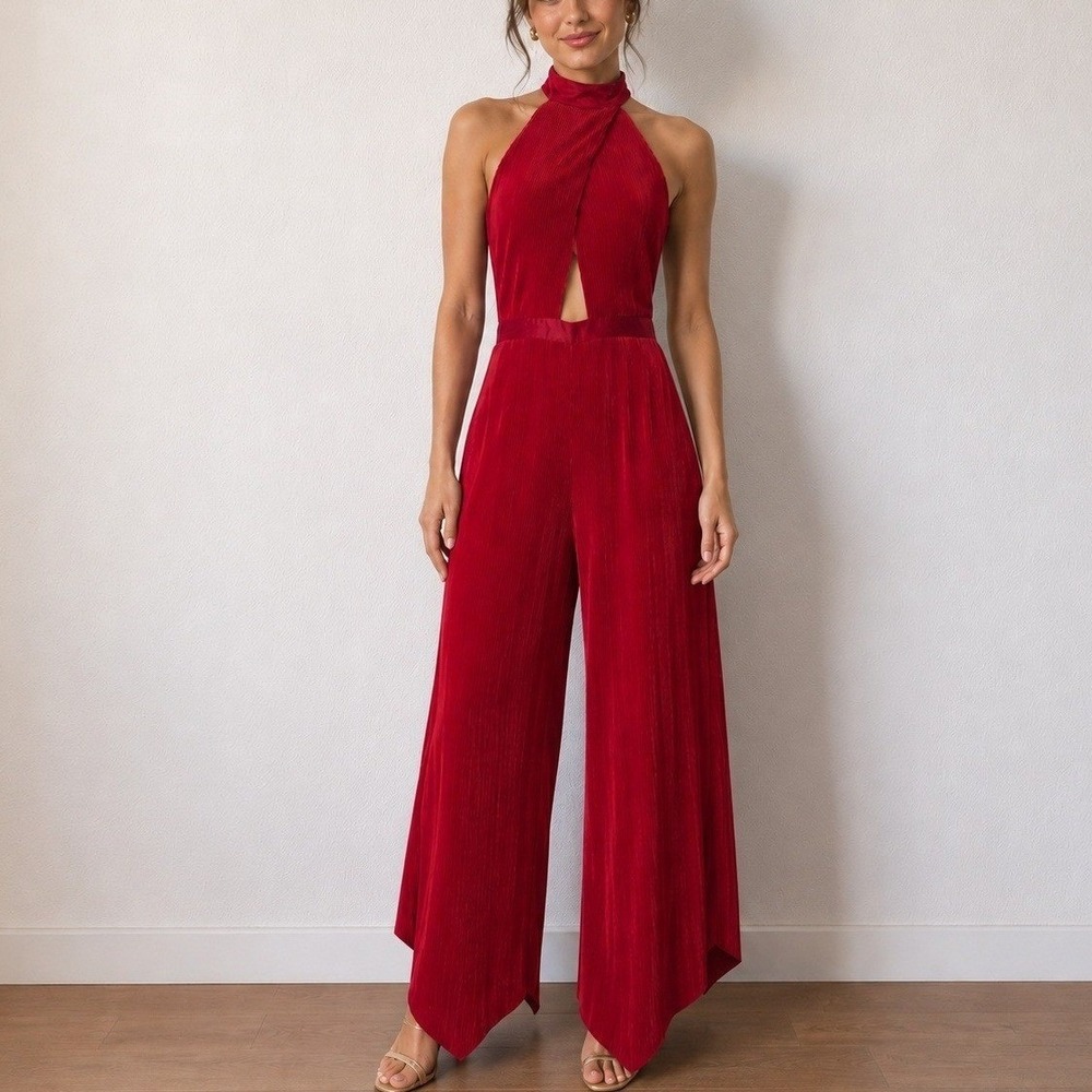 Anthropologie Plisse Halter‎ Jumpsuit 4 Tall Red Pleated Cutout Open Back